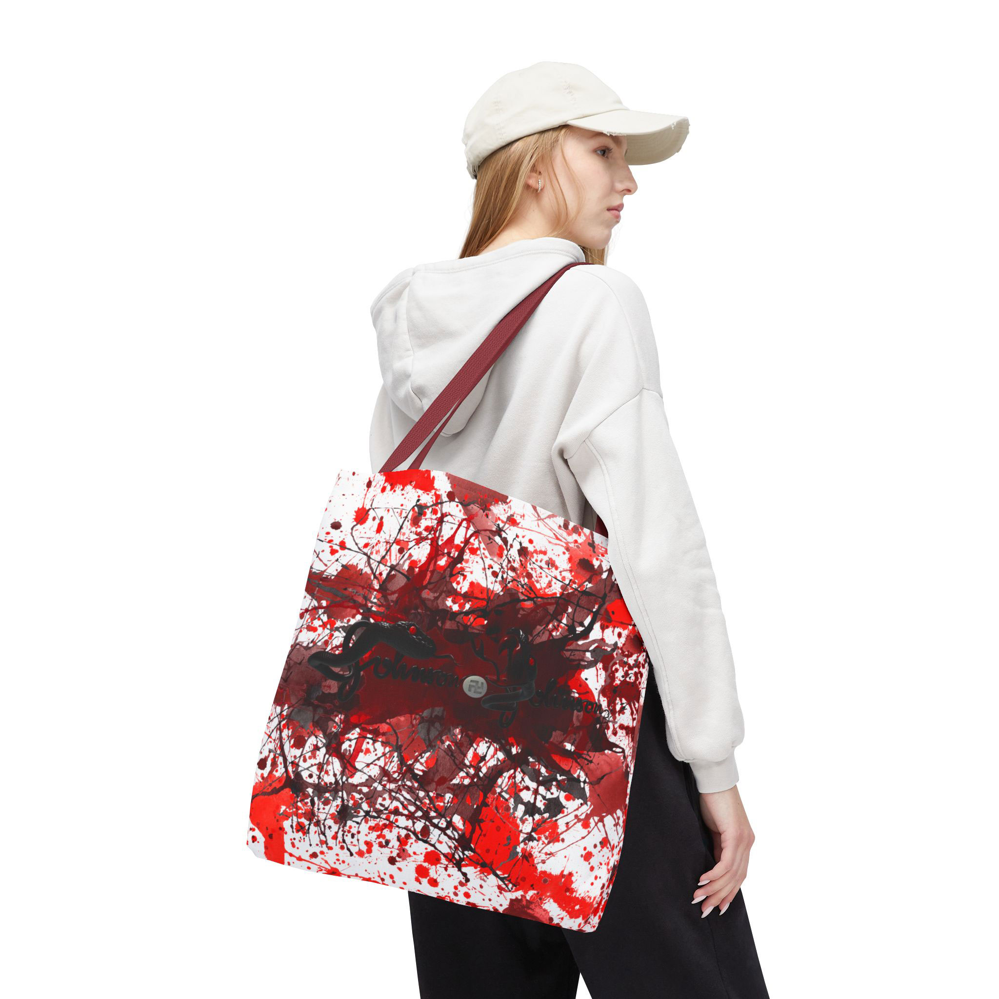 - Johnson & Johnson All Over Printed Tote Bag - 1 - Davidnoll.earth https://davidnoll.earth/wp-content/uploads/2025/01/johnson-and-johnson-tote-bag-red-handle-18x18-person3.jpg