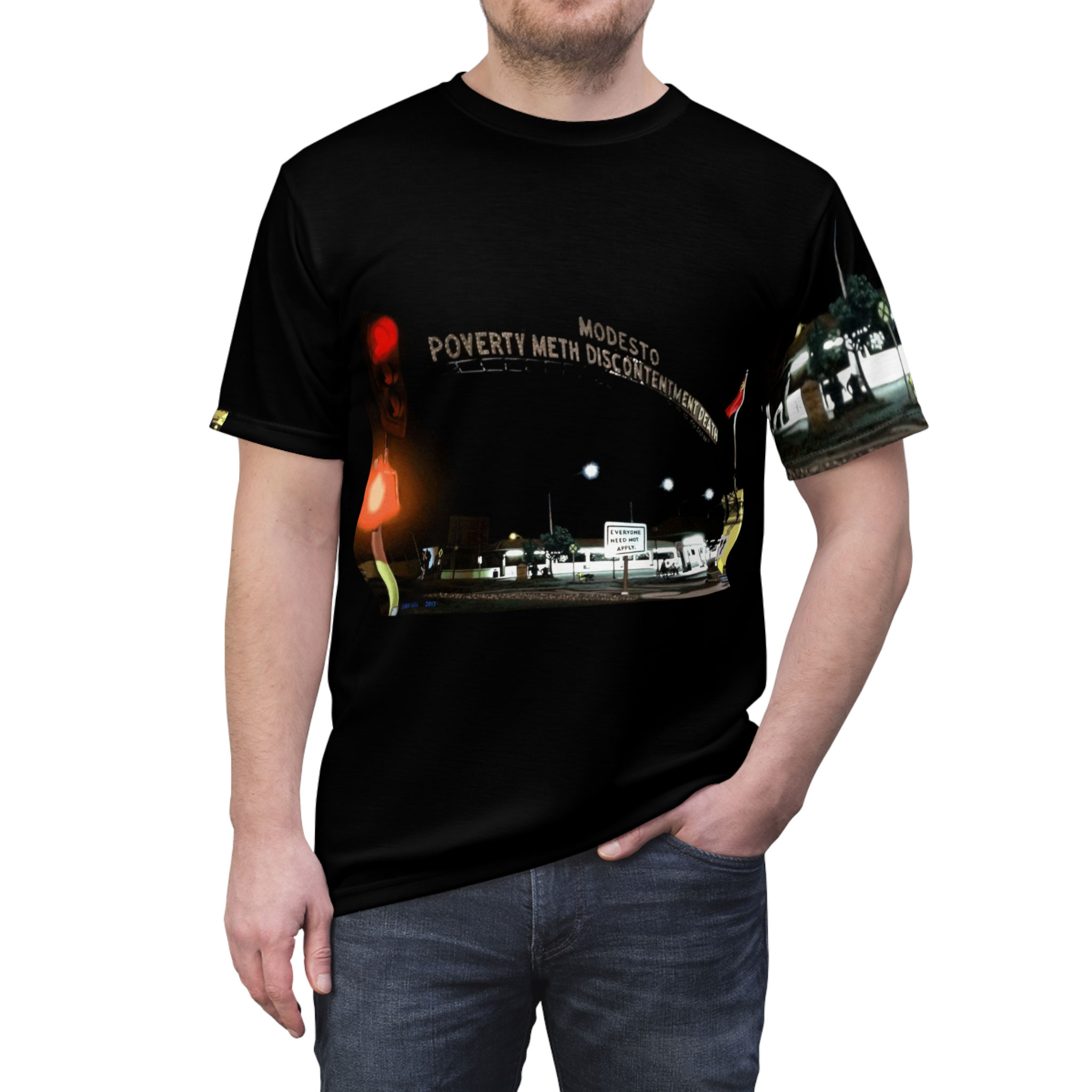 - Modesto: Poverty, Meth, Discontentment, Death Men's All Over Printed T Shirt - 3 - Davidnoll.earth https://davidnoll.earth/wp-content/uploads/2025/01/modesto-all-over-mens-tshirt-front.jpg