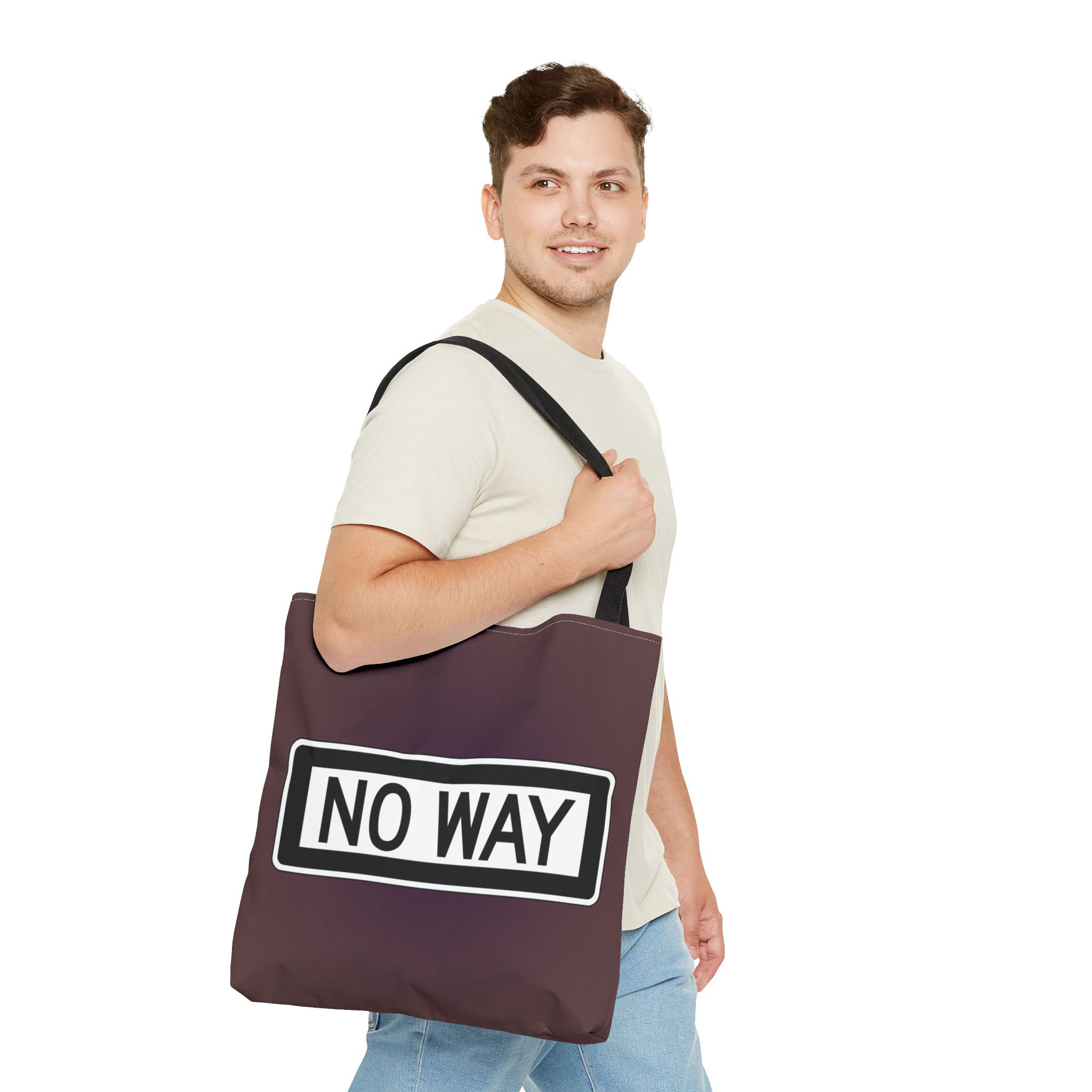 - No Way All Over Printed Tote Bag - 2 - Davidnoll.earth https://davidnoll.earth/wp-content/uploads/2025/01/no-way-tote-bag-black-handle-18x18-person3.jpg