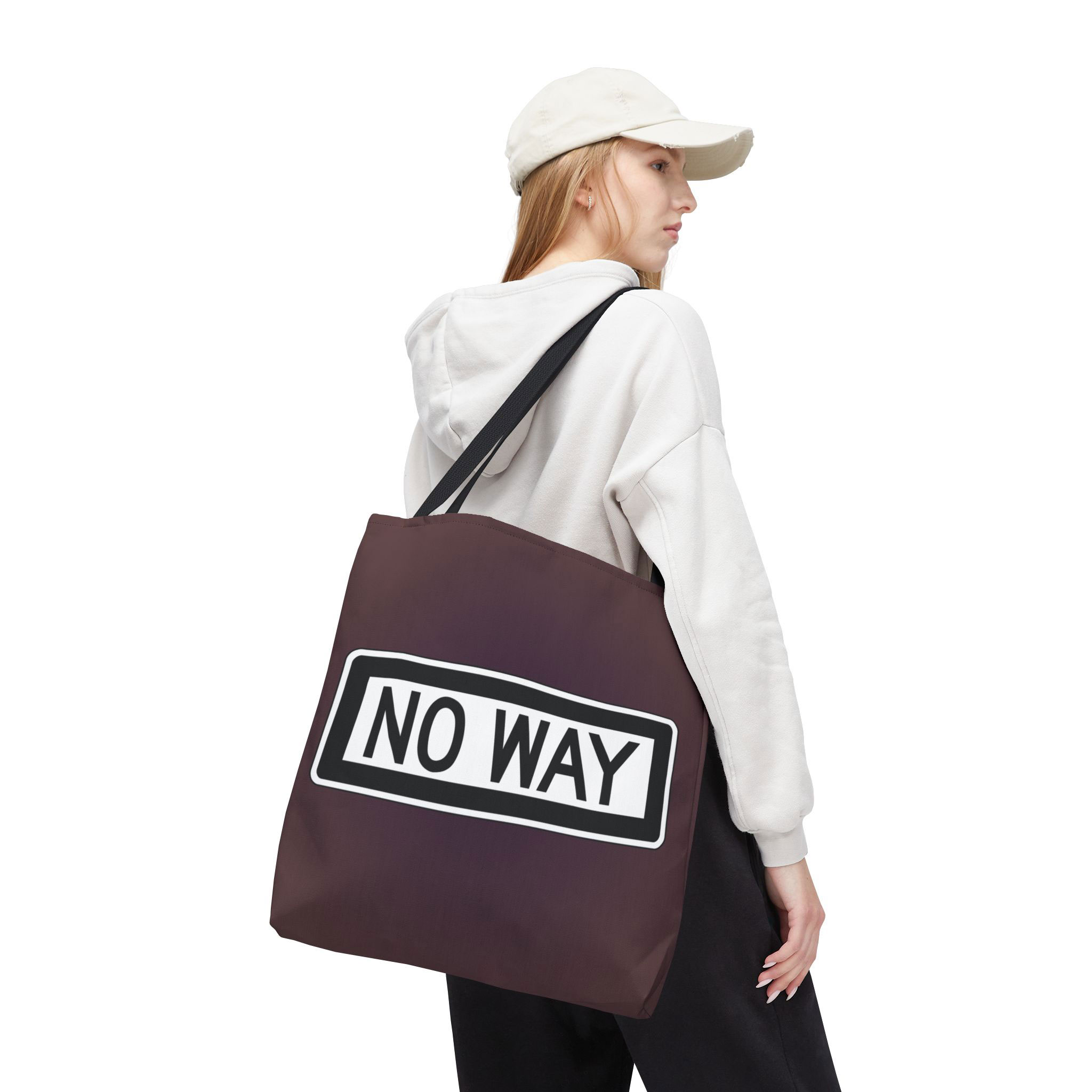 - No Way All Over Printed Tote Bag - 3 - Davidnoll.earth https://davidnoll.earth/wp-content/uploads/2025/01/no-way-tote-bag-black-handle-18x18-person3.jpg
