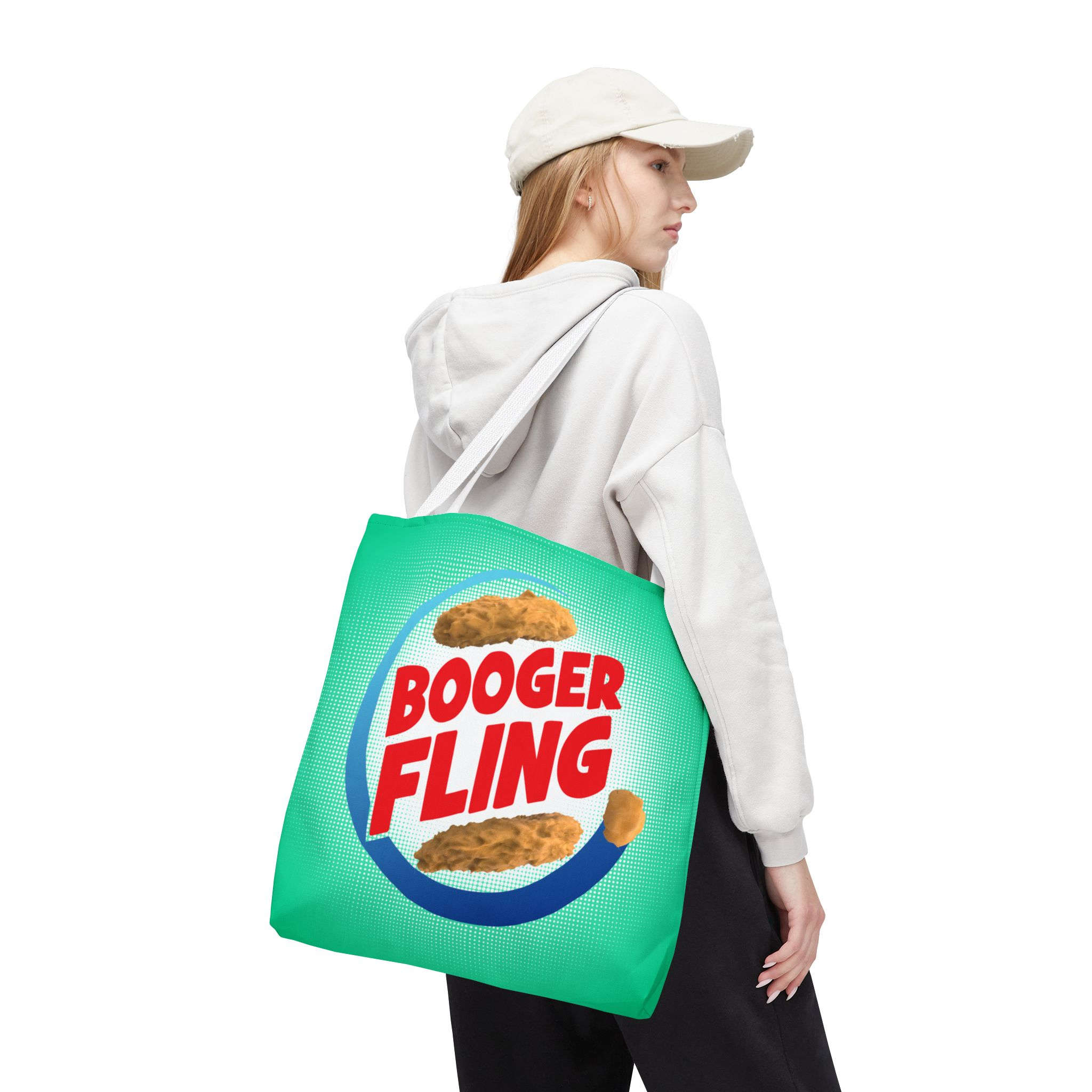 - Booger Fling All Over Printed Tote Bag - 1 - Davidnoll.earth https://davidnoll.earth/wp-content/uploads/2025/02/booger-fling-tote-bag-white-handle-18x18-person3.jpg