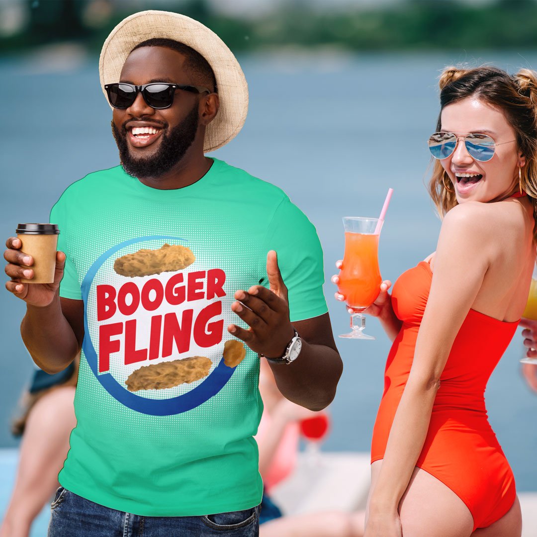 Man Wearing Booger Fling T-Shirt Woman Background Laughing